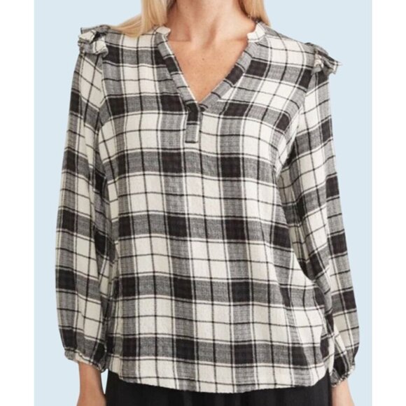 MARINE LAYER Jamie Ruffle Black and White Light Flannel Top Sz XL - Picture 1 of 8